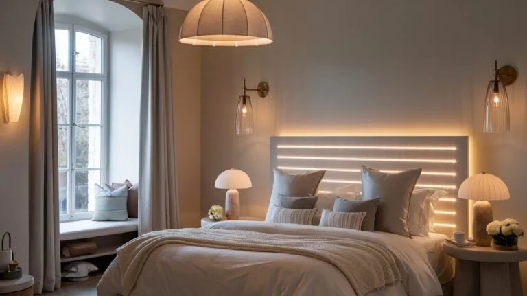 Stylish bedroom with layered lighting, including pendant lights, bedside lamps, and LED accents.