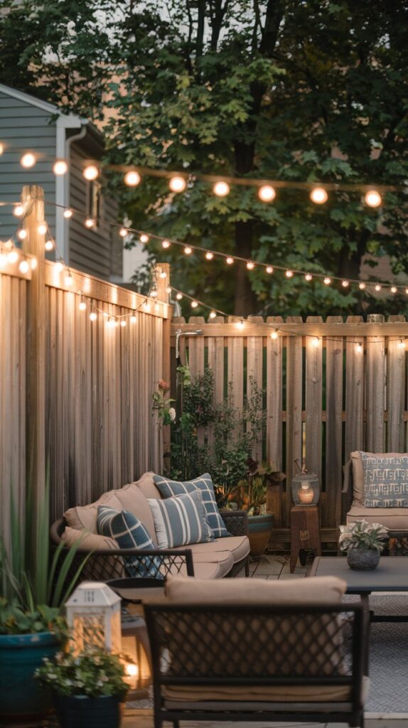 A backyard with string lights hanging along a wooden fence.