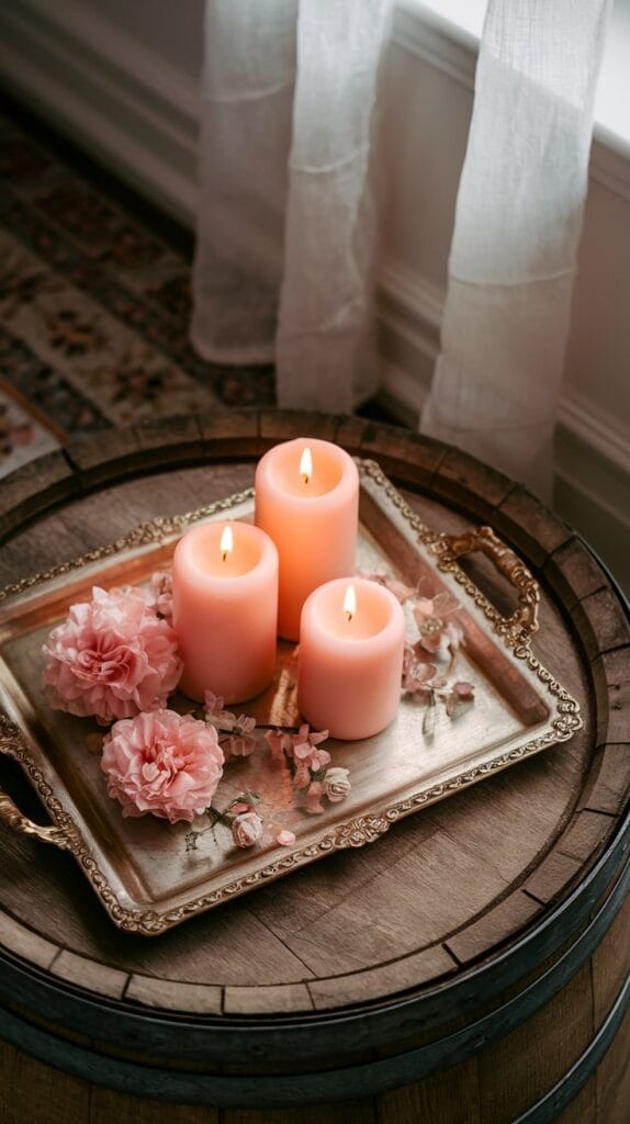 Soft pink candles glowing in a cozy bedroom setting.
