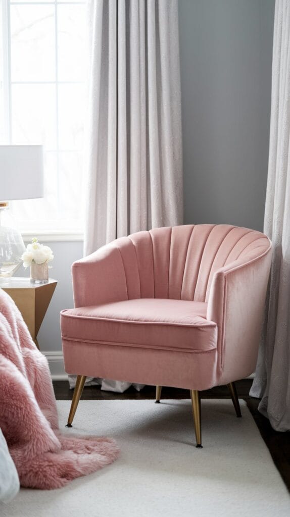 Blush pink velvet armchair with gold accents in a cozy corner.