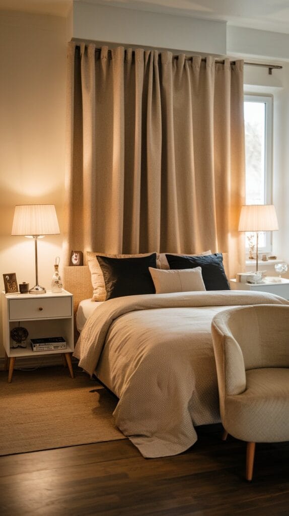 Bedroom with modern bedside table lamps on either side of the bed.