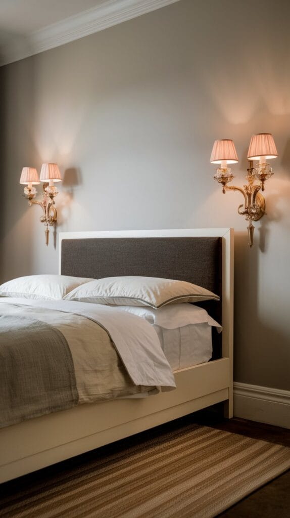 Bedroom with wall sconces above the bed providing soft, ambient light.