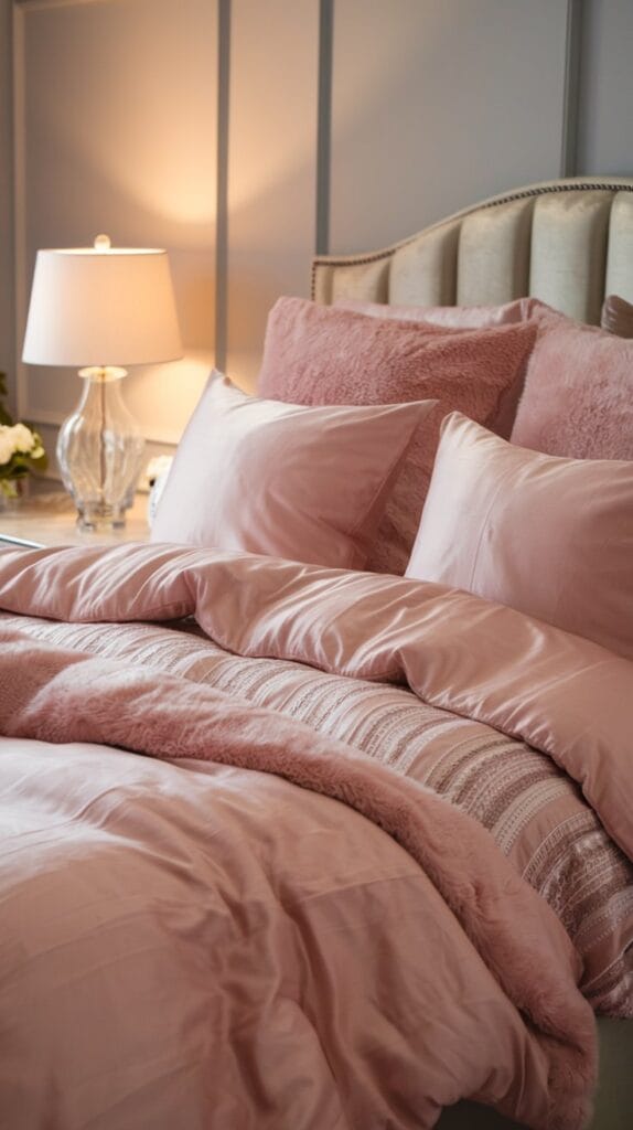 Soft pink bedding with plush pillows and a silky duvet in a cozy bedroom.