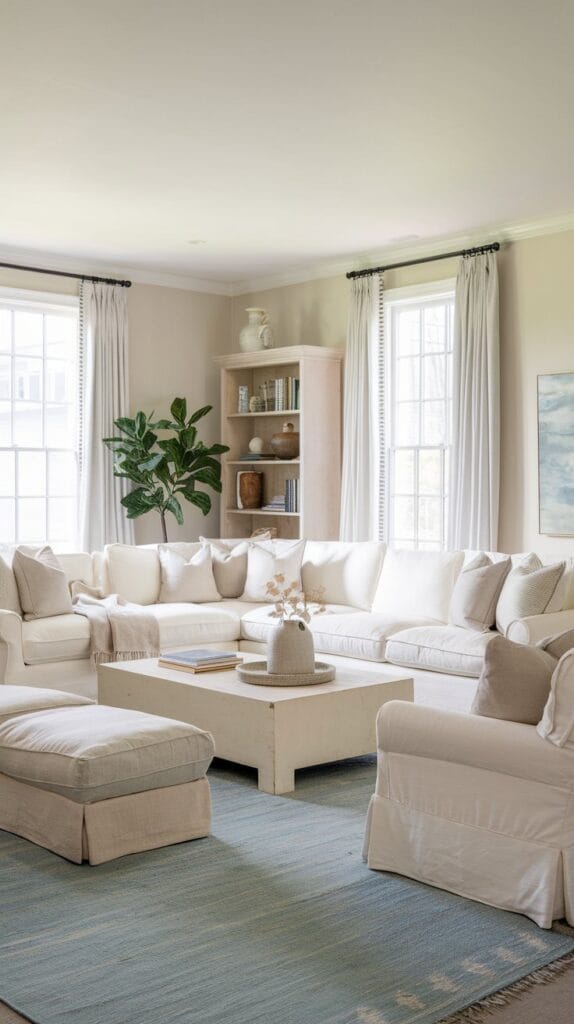 A coastal farmhouse living room featuring a soothing neutral color palette of whites, beiges, and soft blues.