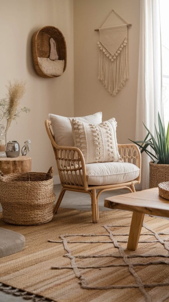 A coastal living room featuring rattan furniture and woven baskets.
