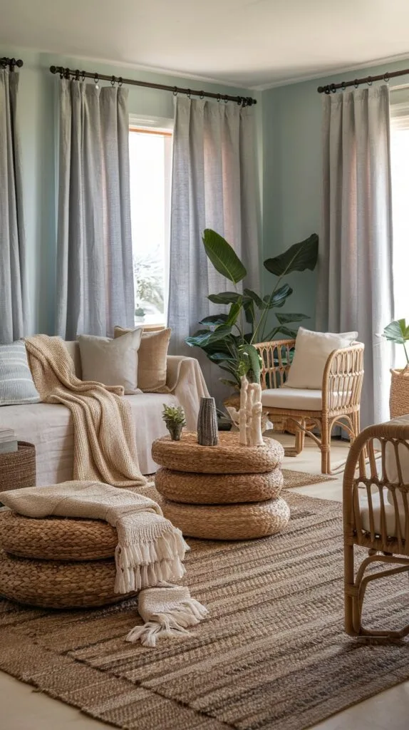 A coastal living room with layered textures, including a jute rug, linen curtains, and woven furniture.