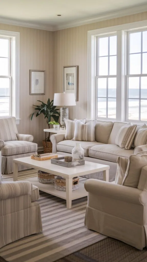 A coastal living room featuring subtle striped patterns in pillows and rugs.