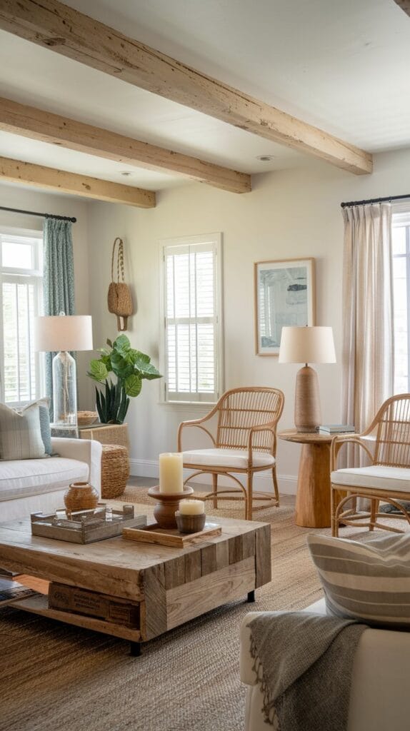 A coastal living room featuring natural wood accents and warm tones