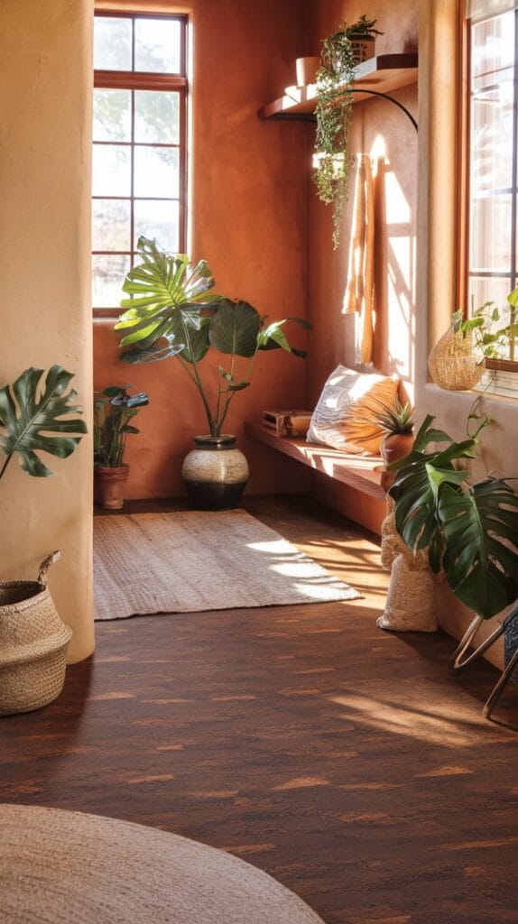 Eco-friendly entryway with cork flooring and natural décor.