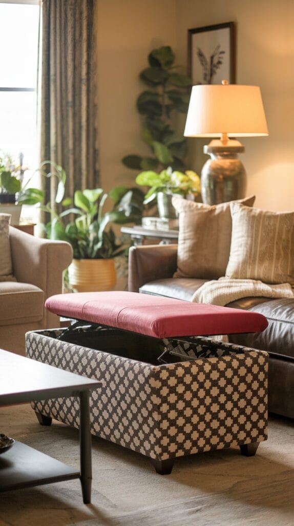 Storage ottoman in a living room for seating and hidden storage.