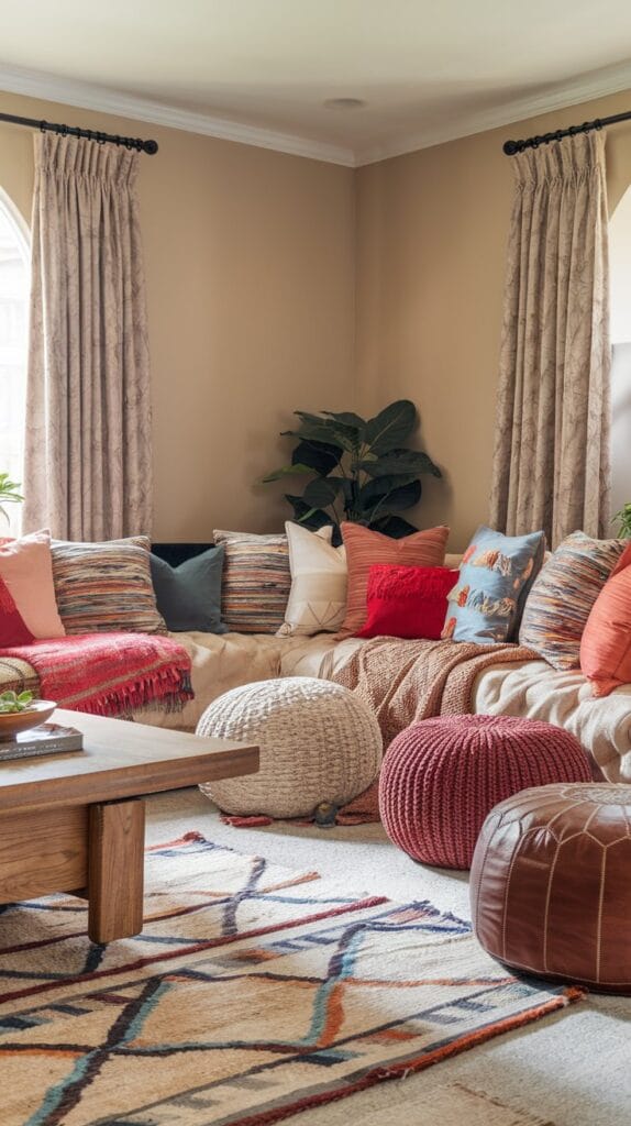 Living room with layered textures like cushions, rugs, and throws.