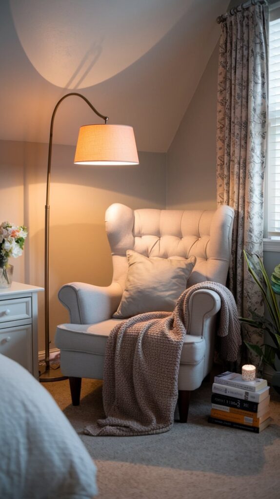 Small bedroom with a cozy reading nook featuring a comfy chair and warm lighting.