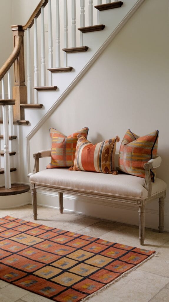 Cozy seating area in an entryway with a bench and throw pillows.
