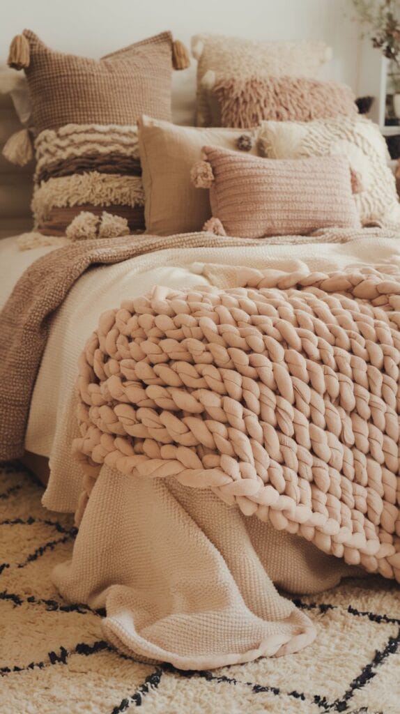 Small bedroom with plush bedding, a soft rug, and cozy textiles.