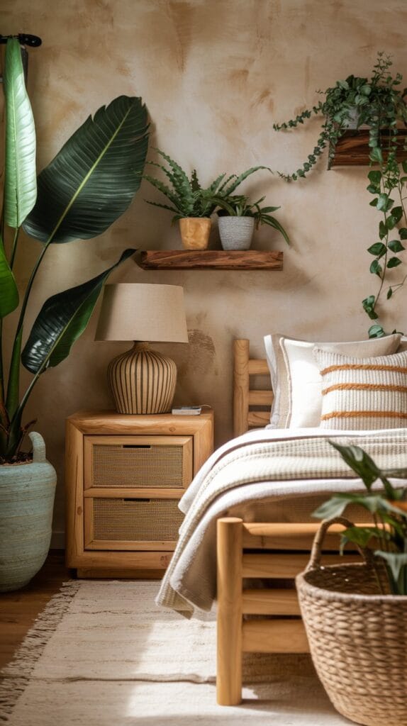 Small bedroom with potted plants, wooden furniture, and natural textures.