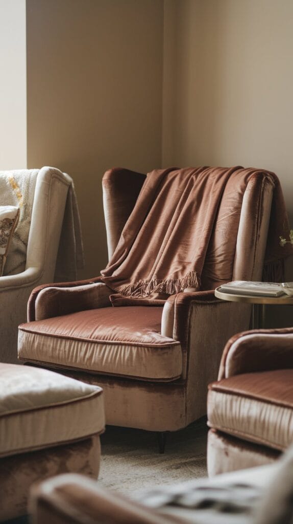 A cozy living room with plush cushions, soft blankets, and a shaggy rug.