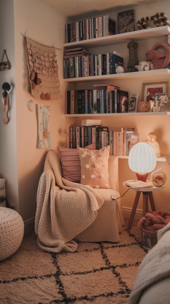 A cozy reading nook in a teenage girl’s bedroom with soft cushions, warm lighting, and bookshelves.