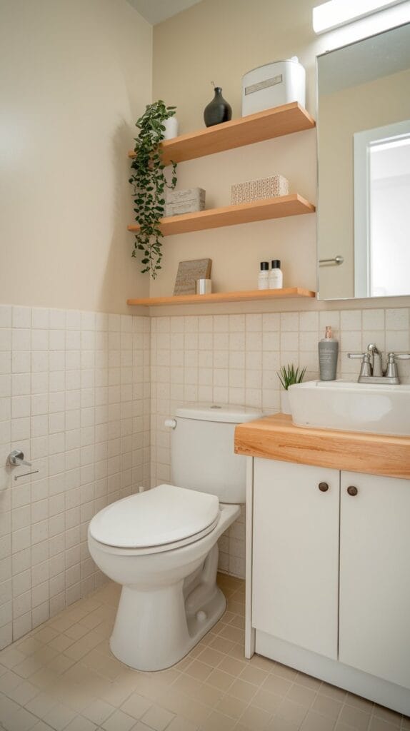 Decluttered small bathroom with organized essentials.