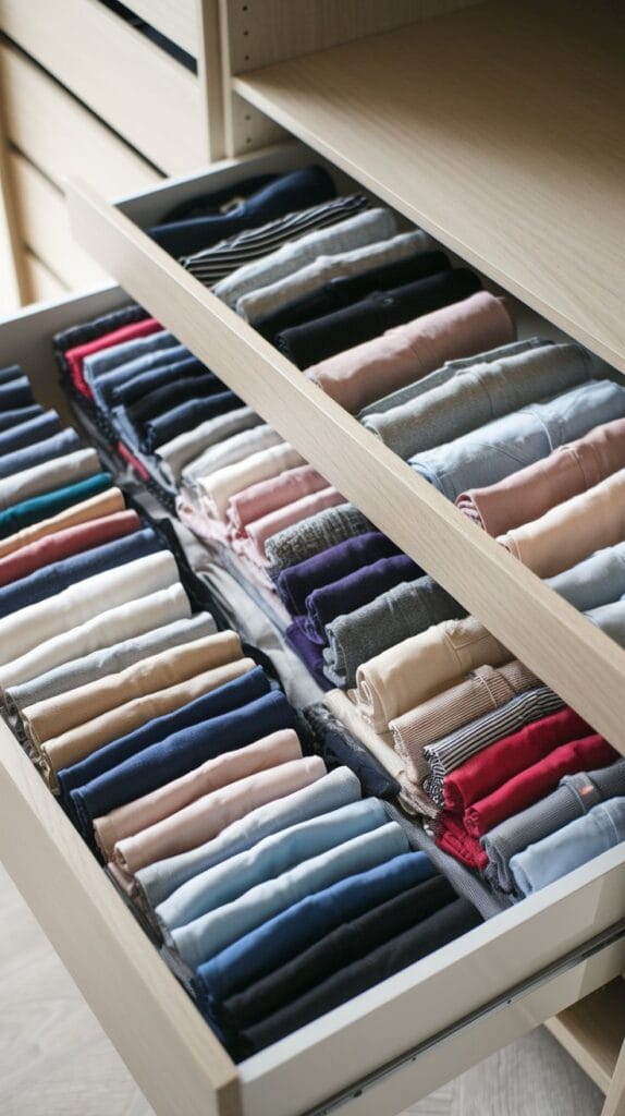 A drawer with clothes neatly file-folded for efficient storage.