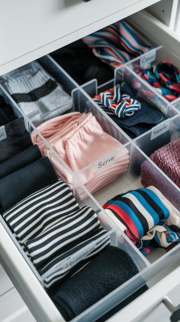 A drawer with dividers organizing socks, underwear, and accessories.