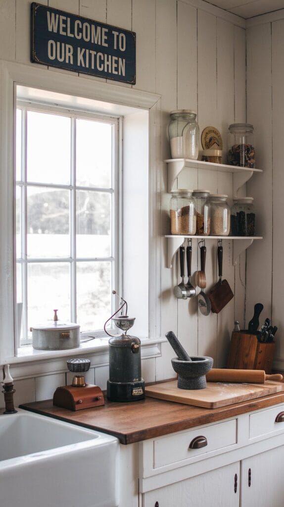 Vintage-inspired accents in a farmhouse kitchen with retro accessories.