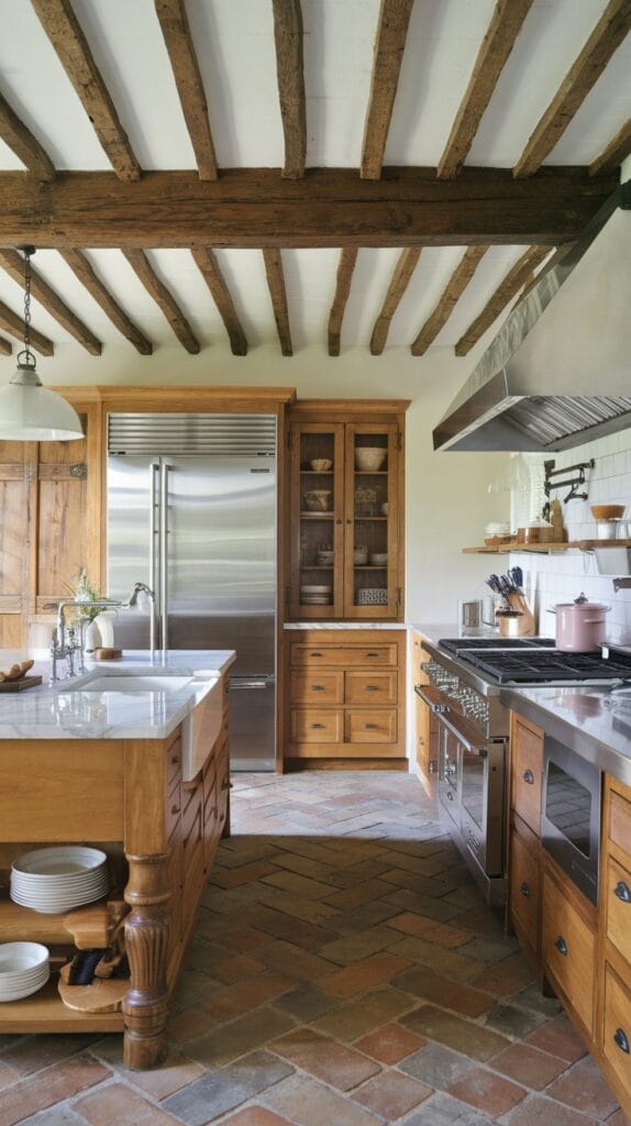 A modern farmhouse kitchen mixing traditional wood and sleek, modern appliances.
