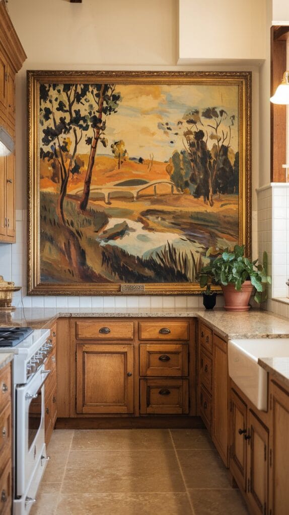 Statement artwork in a farmhouse kitchen.
