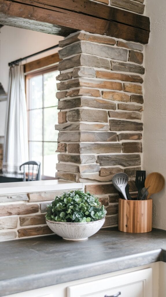 Stone or brick backsplash in a farmhouse kitchen.
