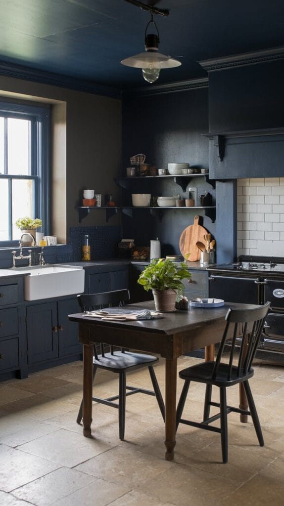 Farmhouse kitchen with a dark color palette of charcoal gray and navy.