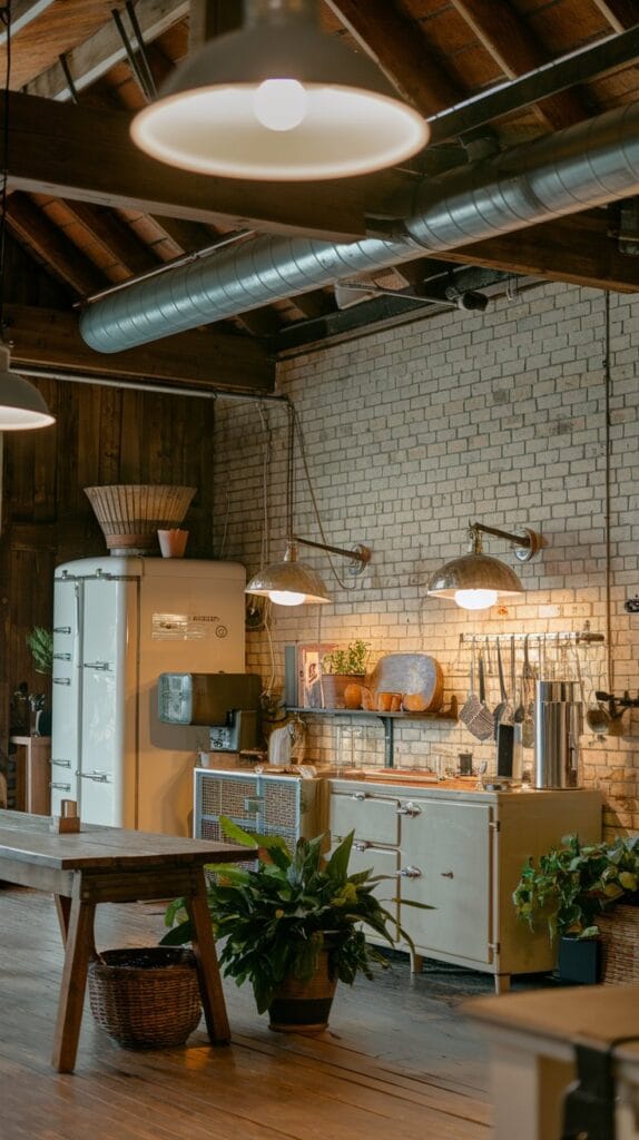 Industrial lighting fixtures in a farmhouse kitchen.