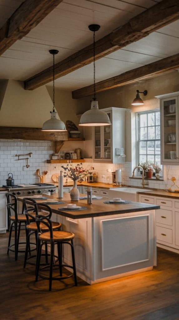Layered lighting in a farmhouse kitchen for a cozy ambiance.