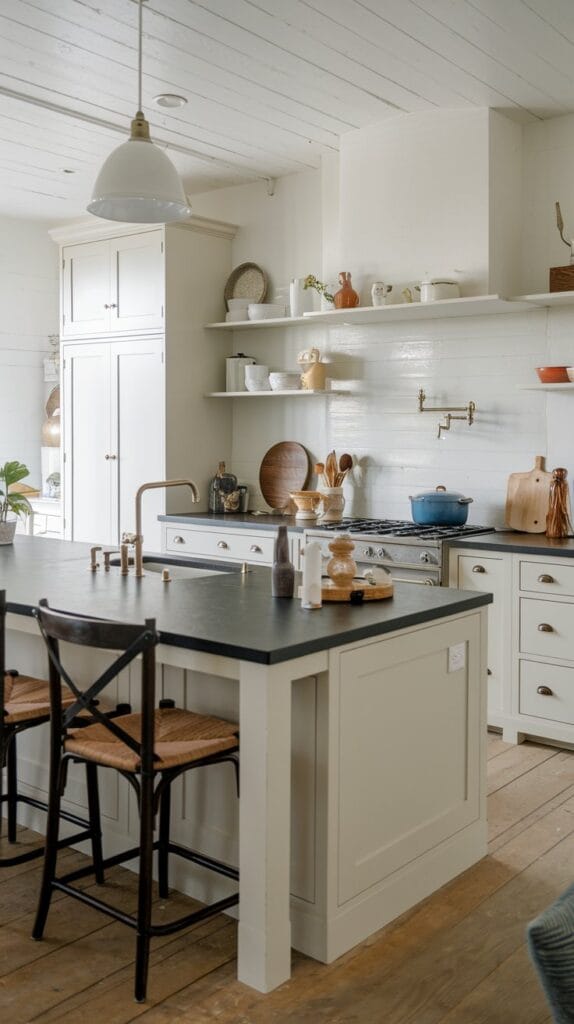 Farmhouse kitchen with matte finishes on countertops and cabinets.