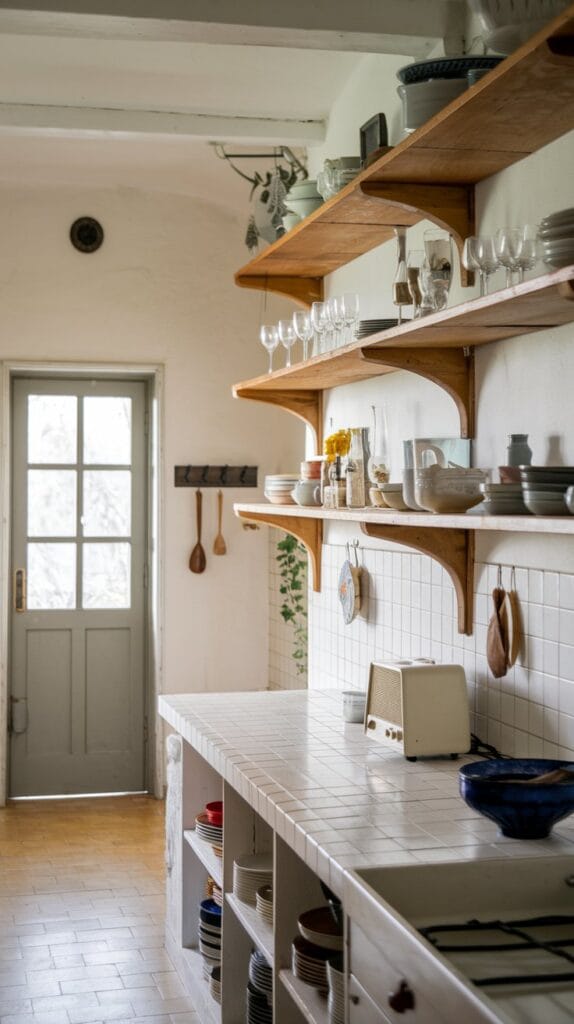Farmhouse kitchen with open shelving displaying dishes and decor.