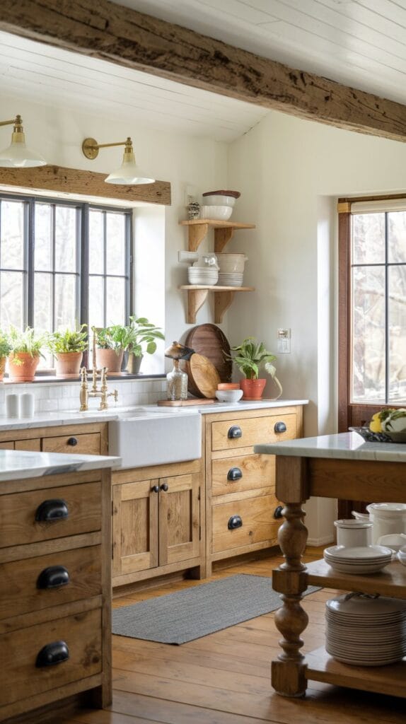 Black and brass hardware in a farmhouse kitchen with wooden cabinets.