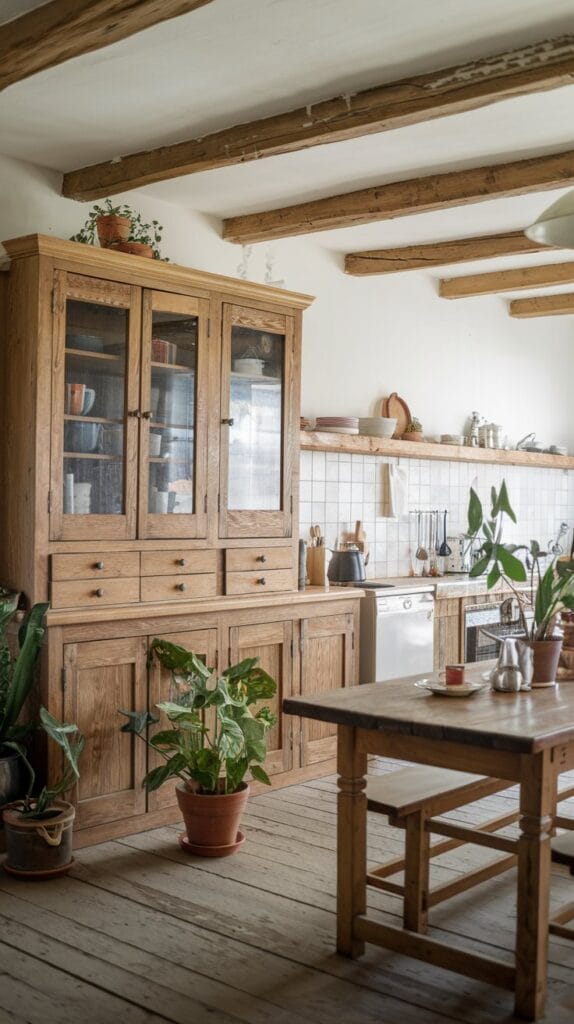 Rustic wood elements in a farmhouse kitchen with wooden cabinets and beams.