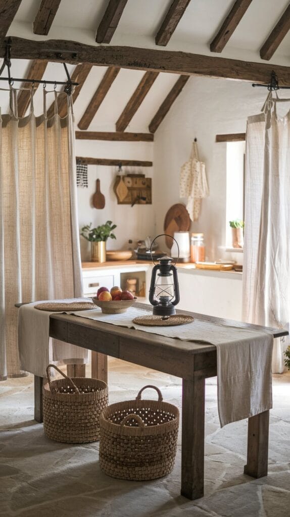 Textured fabrics like linen and cotton in a farmhouse kitchen.
