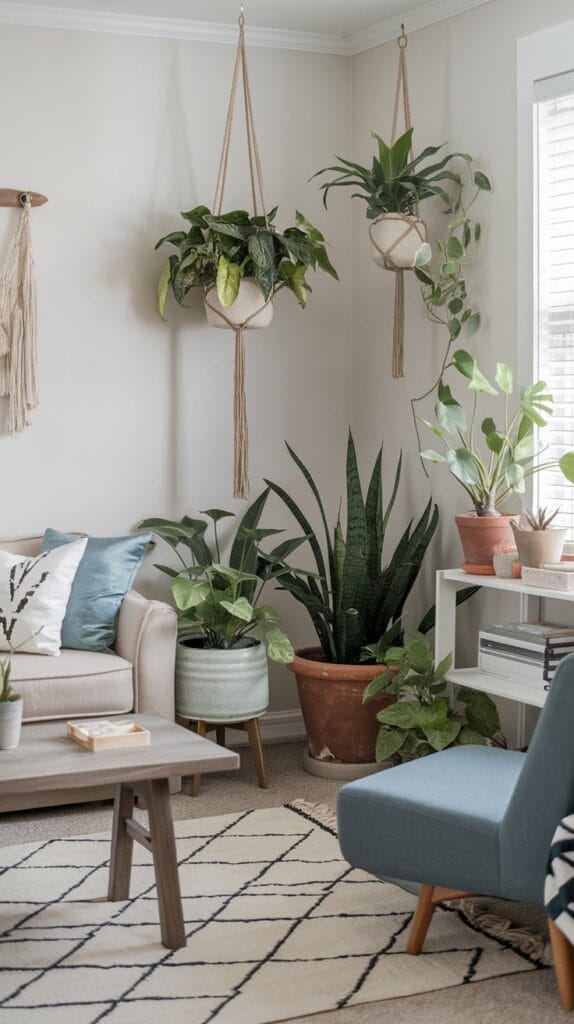 Coastal farmhouse living room with natural greenery, including potted plants and hanging planters.