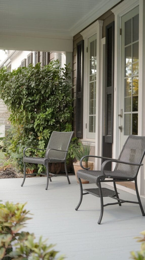 Colorful plants and flowers decorating a front porch for a lively look.