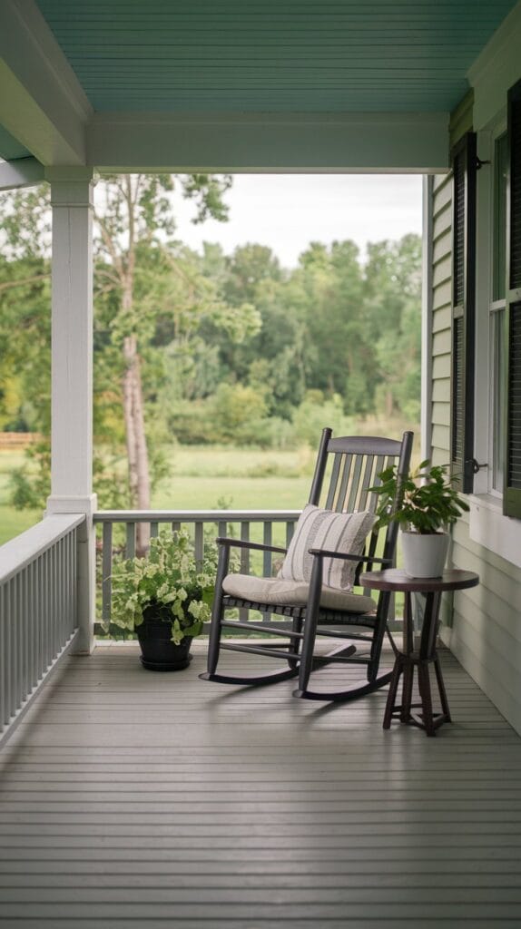 Mix of textures on a front porch with wood, fabric, and woven elements for a balanced look.