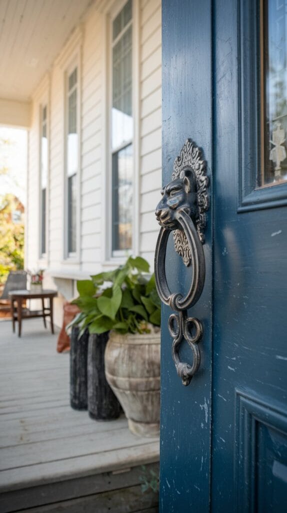 Front door with a statement knocker or handle, adding personality to the entry.