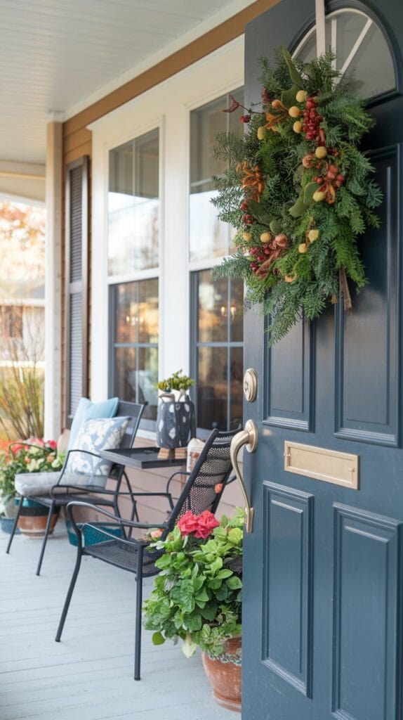Soft string lights on a front porch creating a warm, inviting atmosphere.