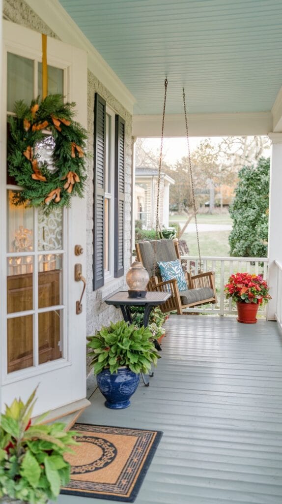 Outdoor-friendly furniture on a front porch with a casual, comfortable setup.