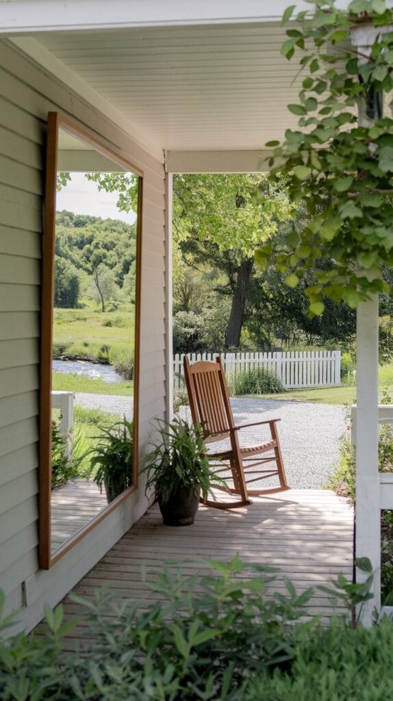 Outdoor wall art or mirror installed on a front porch, enhancing the decor.