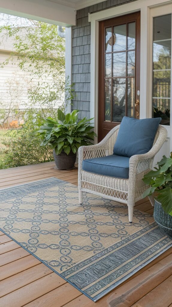 Cozy reading nook on a front porch with comfy seating and a serene atmosphere.