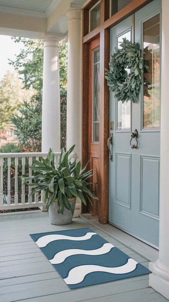 A welcoming front porch with a stylish doormat and charming entryway decor.