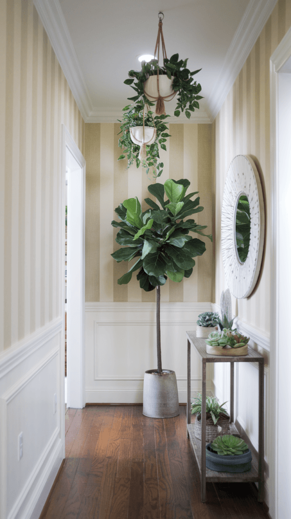 A hallway entry featuring greenery and potted plants.