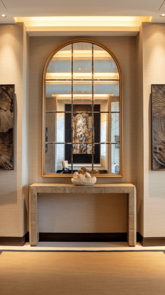 A statement mirror in a hallway entry reflecting natural light.