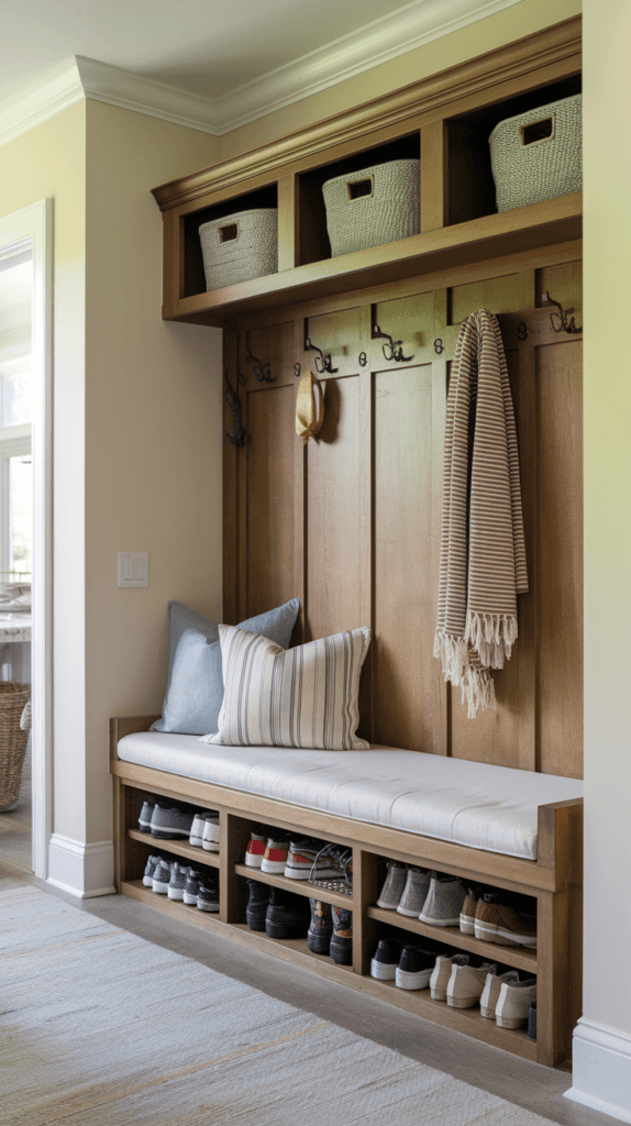 A hallway entry with a stylish bench for seating and storage.