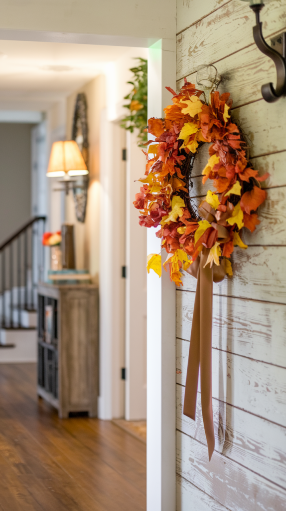 A hallway entry decorated with seasonal accents.