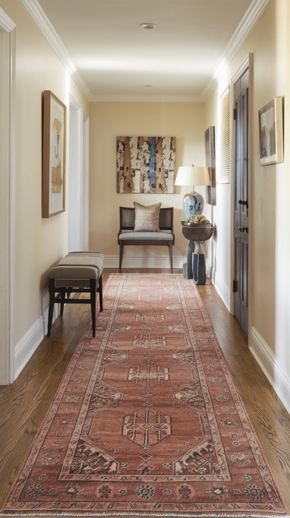 A hallway entry with a stylish and cozy runner rug.